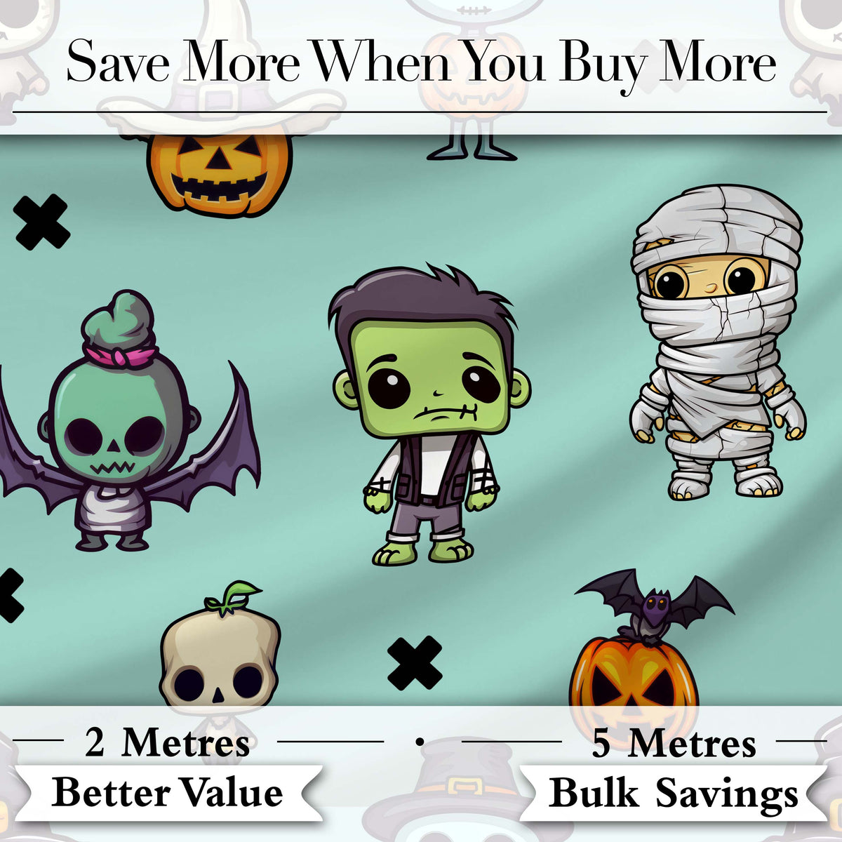 Cute Halloween Frankenstein Mummy Bat Pumpkin Seamless Pattern Teal Background Digital Print Fabric by the Metre UK Sewing Quilting Textile
