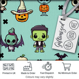 Cute Halloween Frankenstein Mummy Bat Pumpkin Seamless Pattern Teal Background Digital Print Fabric by the Metre UK Sewing Quilting Textile
