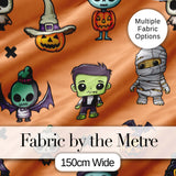 Halloween Frankenstein Mummy Bat Pumpkin Seamless Pattern Orange Background Digital Print Fabric by the Metre UK Sewing Quilting Textile