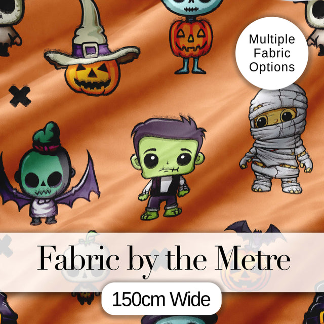 Halloween Frankenstein Mummy Bat Pumpkin Seamless Pattern Orange Background Digital Print Fabric by the Metre UK Sewing Quilting Textile