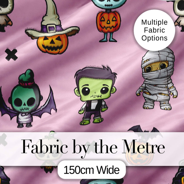 Cute Halloween Frankenstein Mummy Bat Pumpkin Seamless Pattern Pink Background Digital Print Fabric by the Metre UK Sewing Quilting Textile