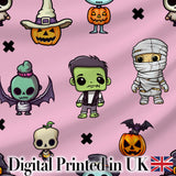 Cute Halloween Frankenstein Mummy Bat Pumpkin Seamless Pattern Pink Background Digital Print Fabric by the Metre UK Sewing Quilting Textile