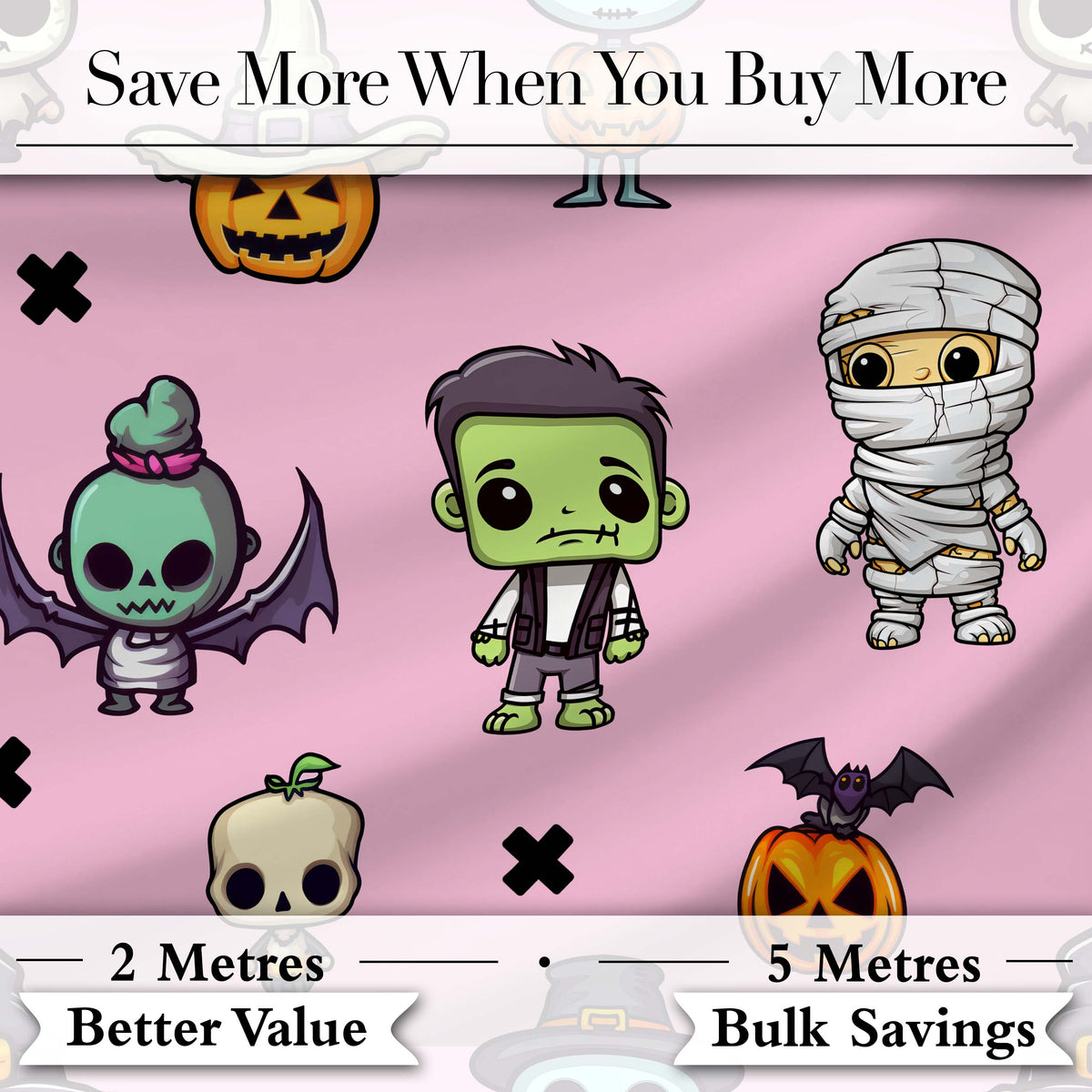 Cute Halloween Frankenstein Mummy Bat Pumpkin Seamless Pattern Pink Background Digital Print Fabric by the Metre UK Sewing Quilting Textile