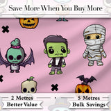 Cute Halloween Frankenstein Mummy Bat Pumpkin Seamless Pattern Pink Background Digital Print Fabric by the Metre UK Sewing Quilting Textile