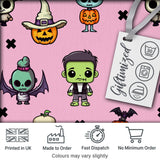 Cute Halloween Frankenstein Mummy Bat Pumpkin Seamless Pattern Pink Background Digital Print Fabric by the Metre UK Sewing Quilting Textile