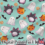 Cute Kawaii Halloween Ghost Bat Candy Pumpkin Seamless Pattern Mint Background Digital Print Fabric by the Metre UK Sewing Quilting Textile