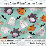 Cute Kawaii Halloween Ghost Bat Candy Pumpkin Seamless Pattern Mint Background Digital Print Fabric by the Metre UK Sewing Quilting Textile