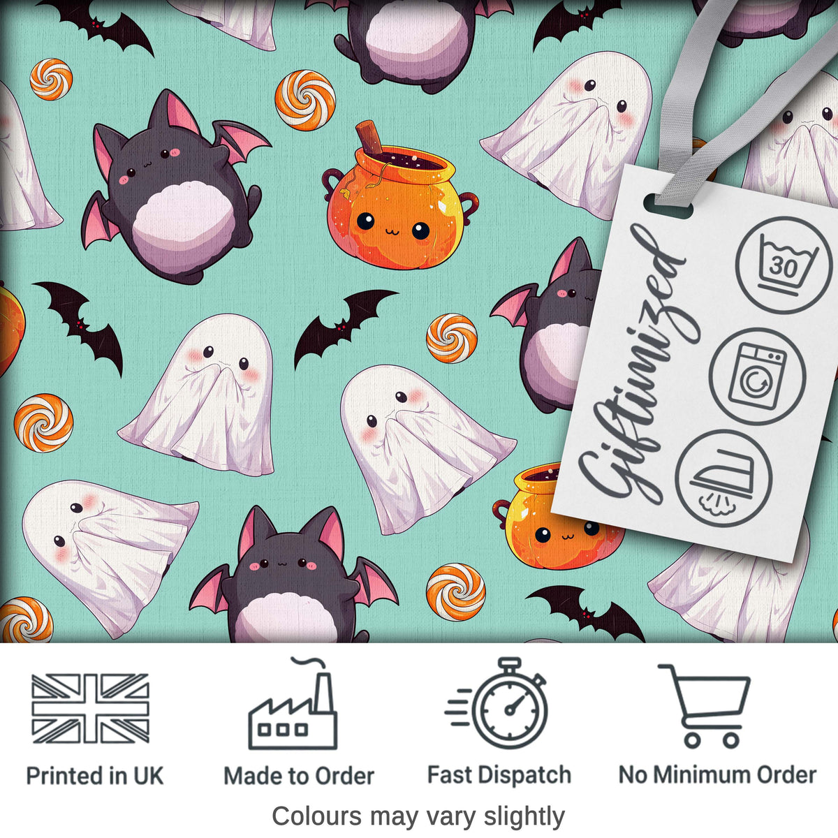 Cute Kawaii Halloween Ghost Bat Candy Pumpkin Seamless Pattern Mint Background Digital Print Fabric by the Metre UK Sewing Quilting Textile