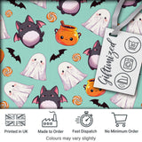 Cute Kawaii Halloween Ghost Bat Candy Pumpkin Seamless Pattern Mint Background Digital Print Fabric by the Metre UK Sewing Quilting Textile
