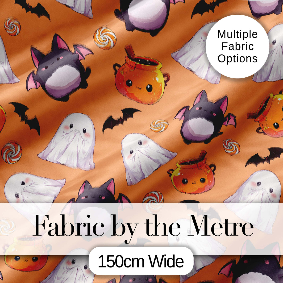 Kawaii Halloween Ghost Bat Candy Pumpkin Seamless Pattern Orange Background Digital Print Fabric by the Metre UK Sewing Quilting Textile