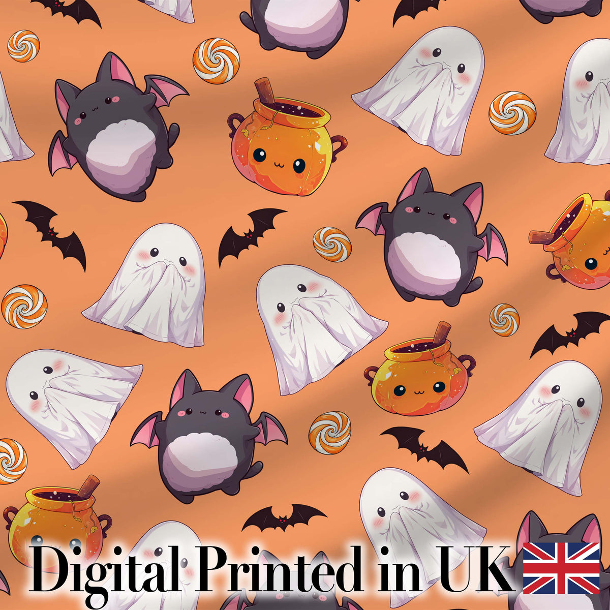 Kawaii Halloween Ghost Bat Candy Pumpkin Seamless Pattern Orange Background Digital Print Fabric by the Metre UK Sewing Quilting Textile