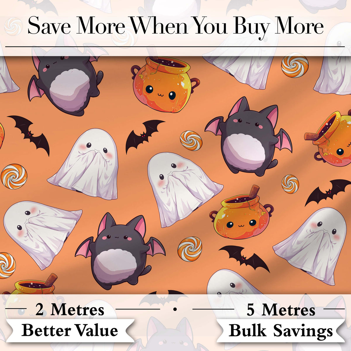 Kawaii Halloween Ghost Bat Candy Pumpkin Seamless Pattern Orange Background Digital Print Fabric by the Metre UK Sewing Quilting Textile