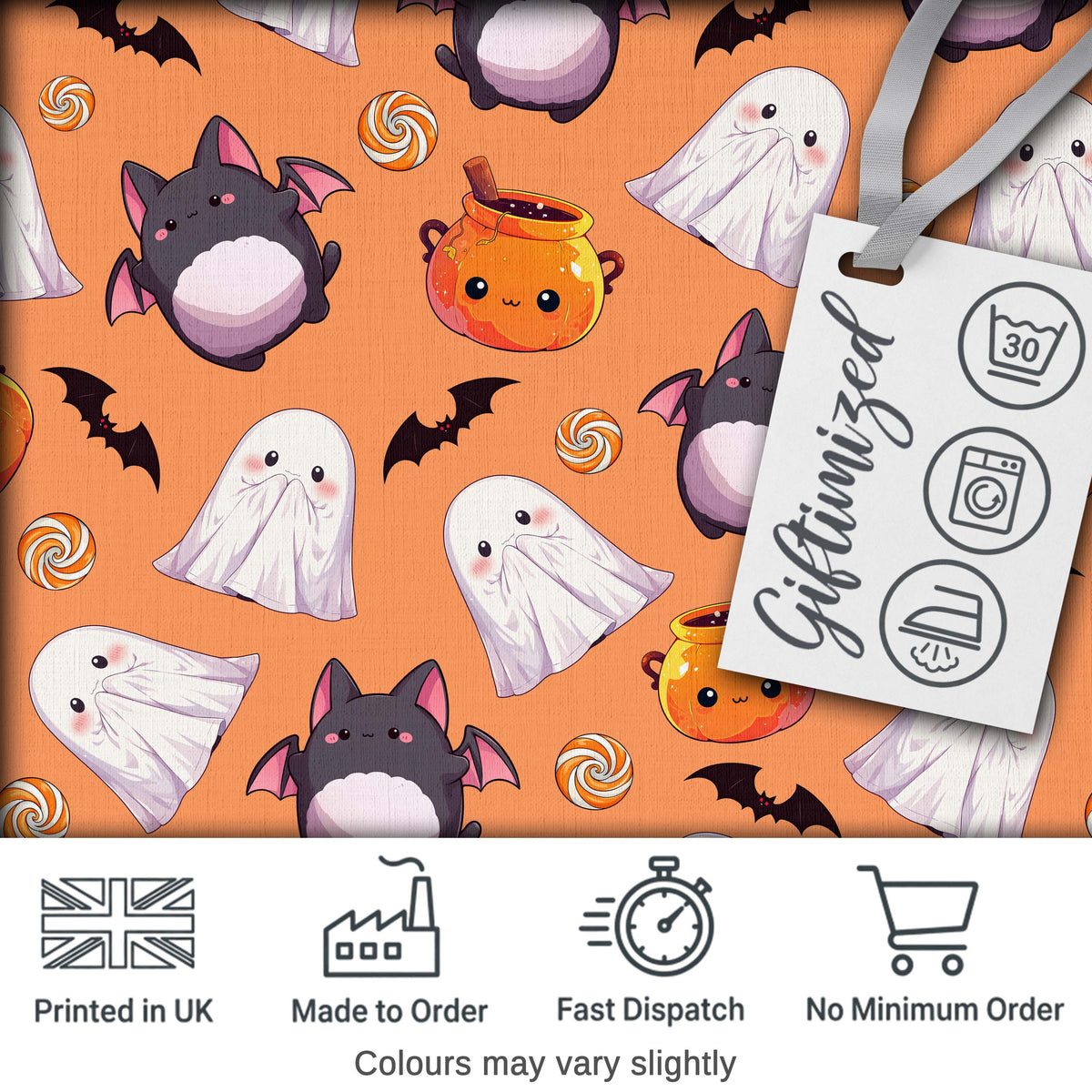 Kawaii Halloween Ghost Bat Candy Pumpkin Seamless Pattern Orange Background Digital Print Fabric by the Metre UK Sewing Quilting Textile
