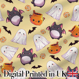 Kawaii Halloween Ghost Bat Candy Pumpkin Seamless Pattern Yellow Background Digital Print Fabric by the Metre UK Sewing Quilting Textile
