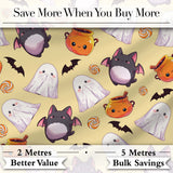 Kawaii Halloween Ghost Bat Candy Pumpkin Seamless Pattern Yellow Background Digital Print Fabric by the Metre UK Sewing Quilting Textile