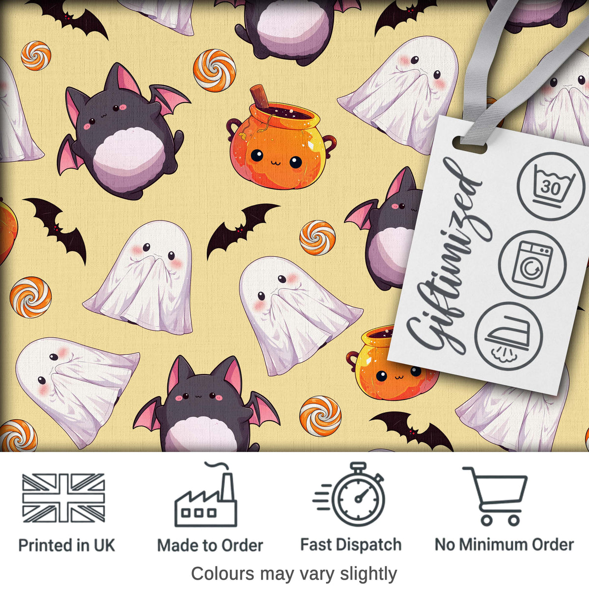 Kawaii Halloween Ghost Bat Candy Pumpkin Seamless Pattern Yellow Background Digital Print Fabric by the Metre UK Sewing Quilting Textile