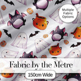 Cute Kawaii Halloween Ghost Bat Candy Pumpkin Seamless Pattern Grey Background Digital Print Fabric by the Metre UK Sewing Quilting Textile