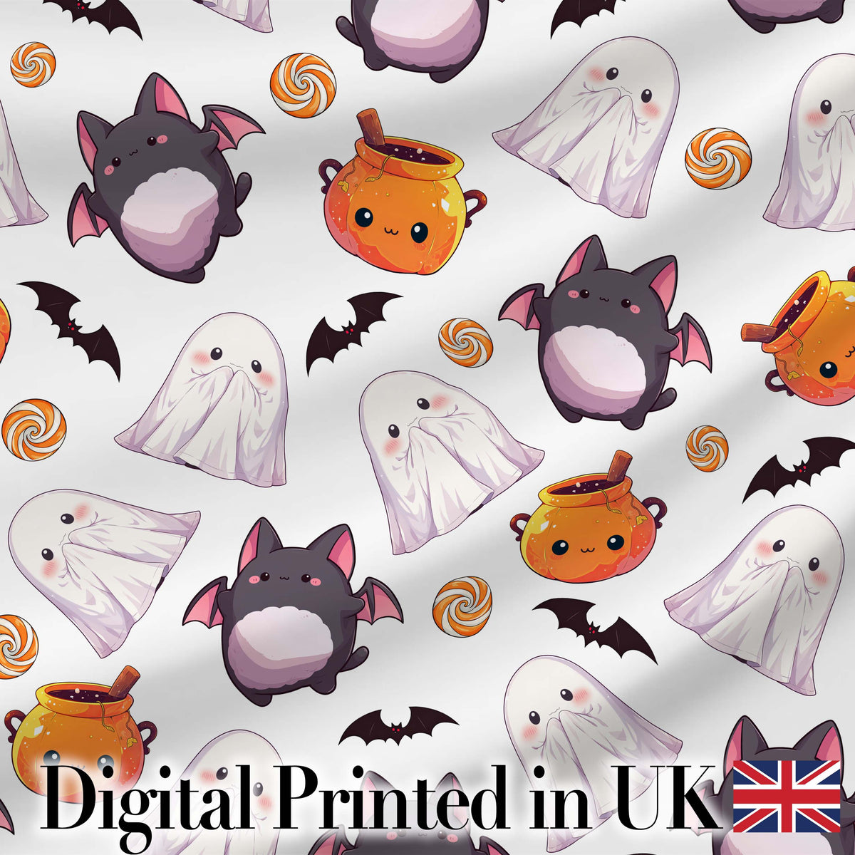 Cute Kawaii Halloween Ghost Bat Candy Pumpkin Seamless Pattern Grey Background Digital Print Fabric by the Metre UK Sewing Quilting Textile