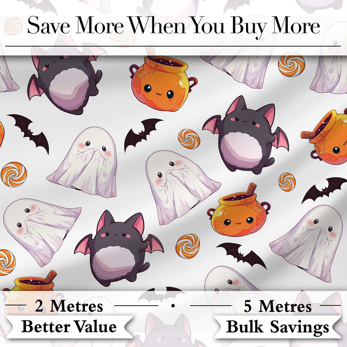 Cute Kawaii Halloween Ghost Bat Candy Pumpkin Seamless Pattern Grey Background Digital Print Fabric by the Metre UK Sewing Quilting Textile