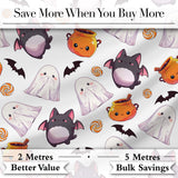 Cute Kawaii Halloween Ghost Bat Candy Pumpkin Seamless Pattern Grey Background Digital Print Fabric by the Metre UK Sewing Quilting Textile