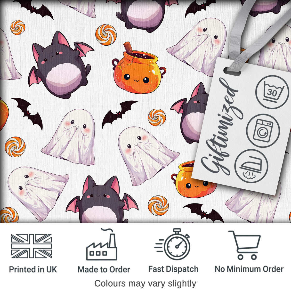 Cute Kawaii Halloween Ghost Bat Candy Pumpkin Seamless Pattern Grey Background Digital Print Fabric by the Metre UK Sewing Quilting Textile