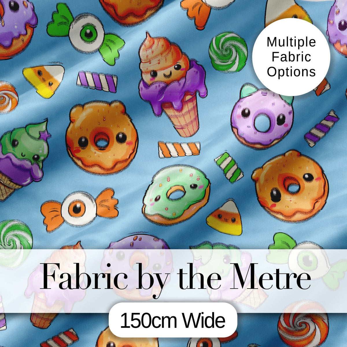 Cute Halloween Donuts Candy Eyeball Ice Cream Seamless Pattern Blue Background Digital Print Fabric by the Metre UK Sewing Quilting Textile