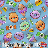Cute Halloween Donuts Candy Eyeball Ice Cream Seamless Pattern Blue Background Digital Print Fabric by the Metre UK Sewing Quilting Textile