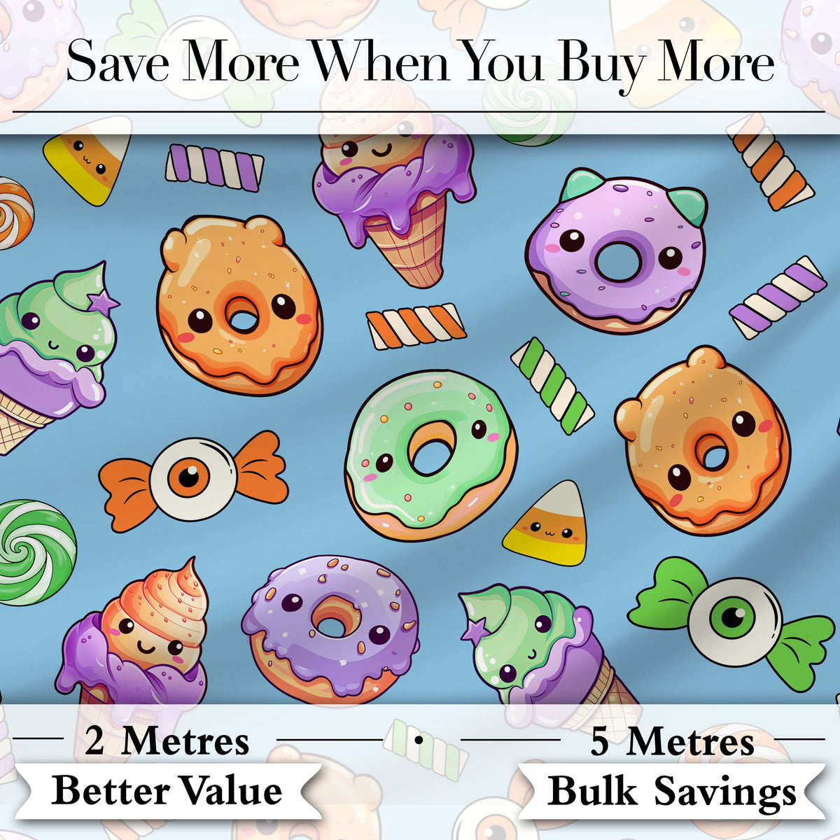 Cute Halloween Donuts Candy Eyeball Ice Cream Seamless Pattern Blue Background Digital Print Fabric by the Metre UK Sewing Quilting Textile