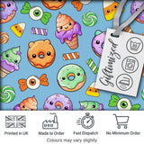 Cute Halloween Donuts Candy Eyeball Ice Cream Seamless Pattern Blue Background Digital Print Fabric by the Metre UK Sewing Quilting Textile