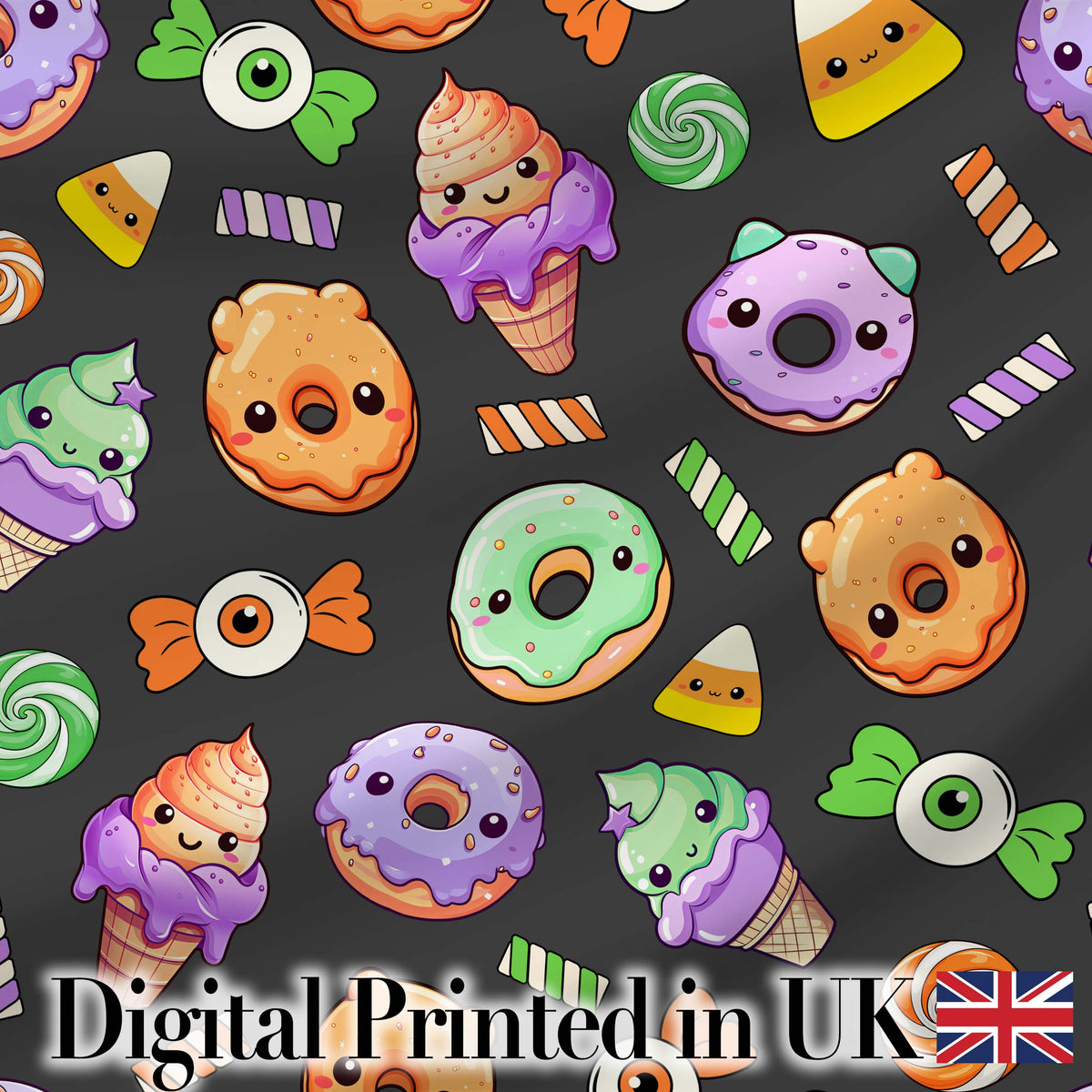 Halloween Donuts Candy Eyeball Ice Cream Seamless Pattern Dark Grey Background Digital Print Fabric by the Metre UK Sewing Quilting Textile