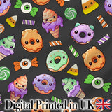 Halloween Donuts Candy Eyeball Ice Cream Seamless Pattern Dark Grey Background Digital Print Fabric by the Metre UK Sewing Quilting Textile