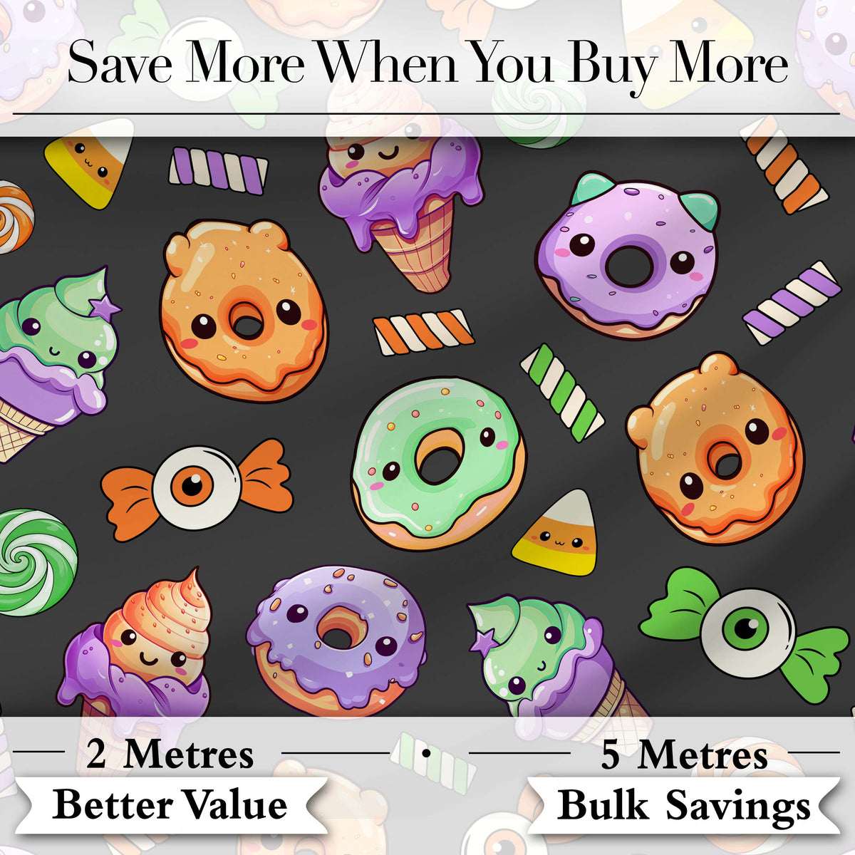 Halloween Donuts Candy Eyeball Ice Cream Seamless Pattern Dark Grey Background Digital Print Fabric by the Metre UK Sewing Quilting Textile