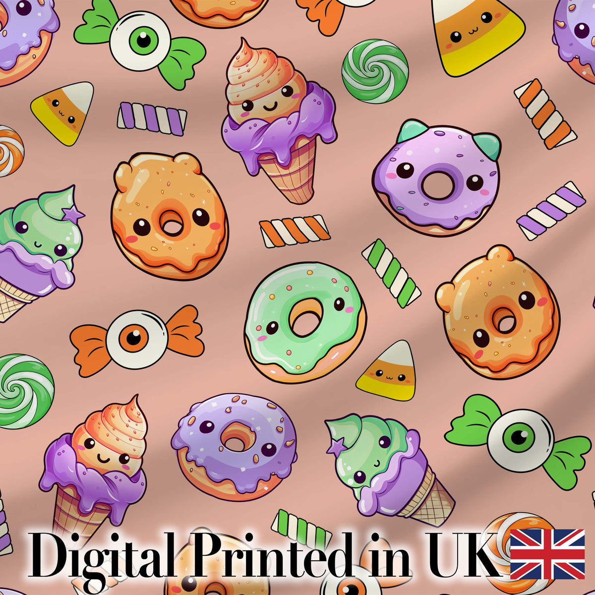 Cute Halloween Donuts Candy Eyeball Ice Cream Seamless Pattern Beige Background Digital Print Fabric by the Metre UK Sewing Quilting Textile