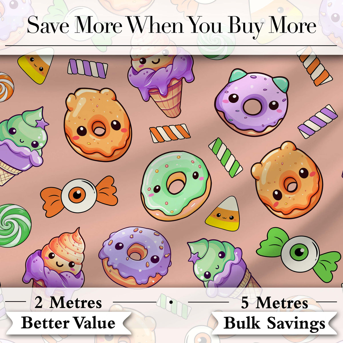 Cute Halloween Donuts Candy Eyeball Ice Cream Seamless Pattern Beige Background Digital Print Fabric by the Metre UK Sewing Quilting Textile