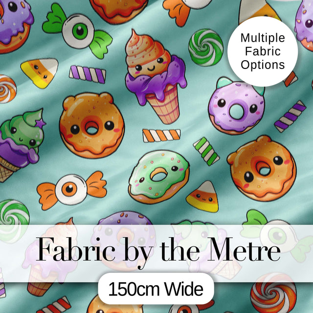 Cute Halloween Donuts Candy Eyeball Ice Cream Seamless Pattern Teal Background Digital Print Fabric by the Metre UK Sewing Quilting Textile