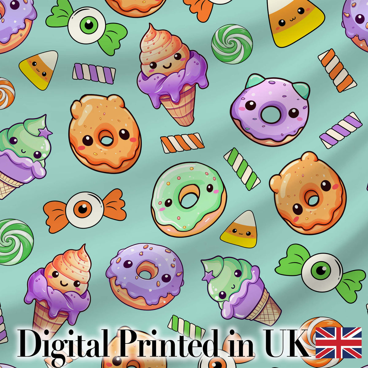 Cute Halloween Donuts Candy Eyeball Ice Cream Seamless Pattern Teal Background Digital Print Fabric by the Metre UK Sewing Quilting Textile