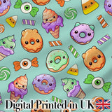 Cute Halloween Donuts Candy Eyeball Ice Cream Seamless Pattern Teal Background Digital Print Fabric by the Metre UK Sewing Quilting Textile