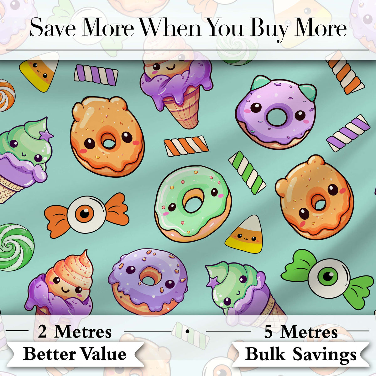 Cute Halloween Donuts Candy Eyeball Ice Cream Seamless Pattern Teal Background Digital Print Fabric by the Metre UK Sewing Quilting Textile