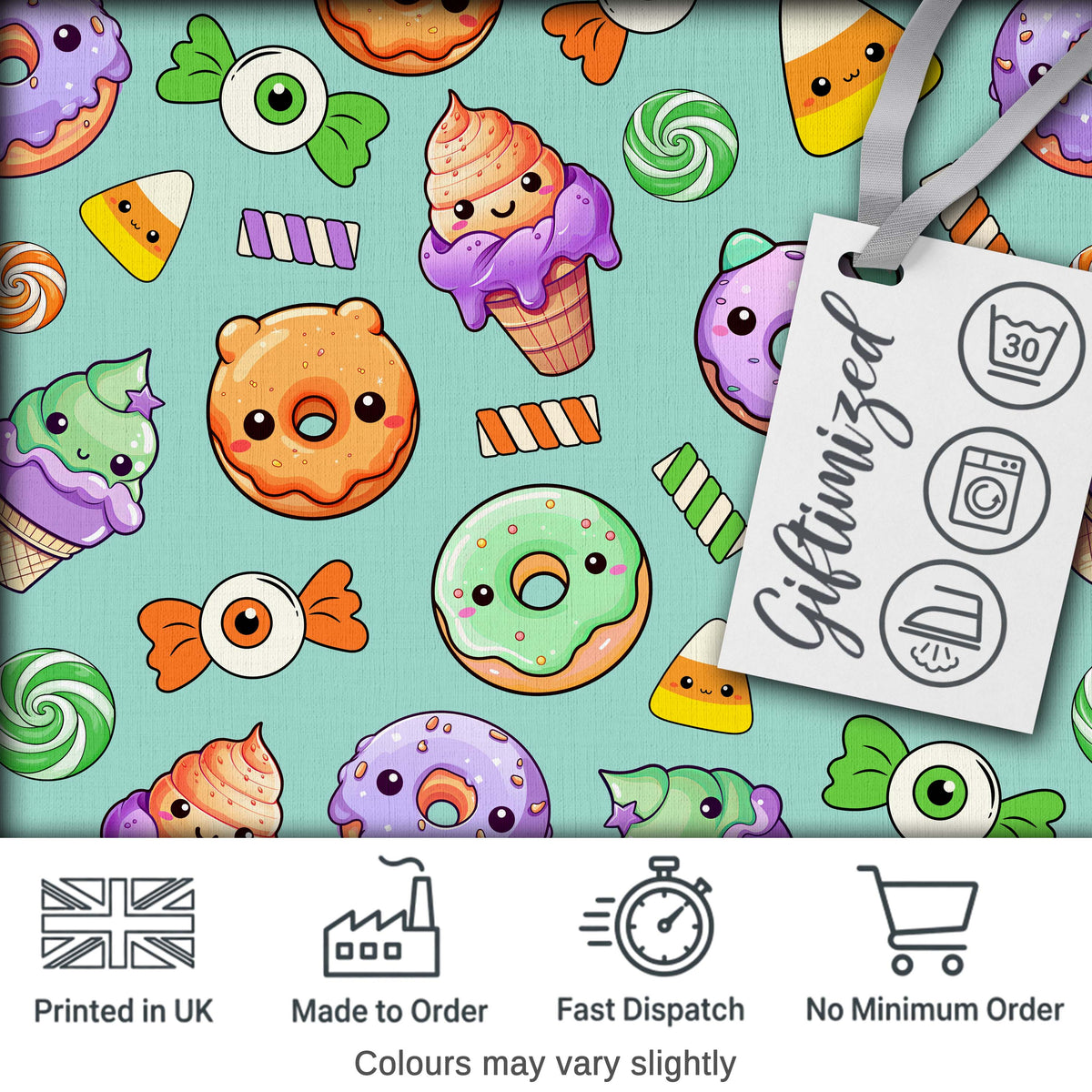 Cute Halloween Donuts Candy Eyeball Ice Cream Seamless Pattern Teal Background Digital Print Fabric by the Metre UK Sewing Quilting Textile