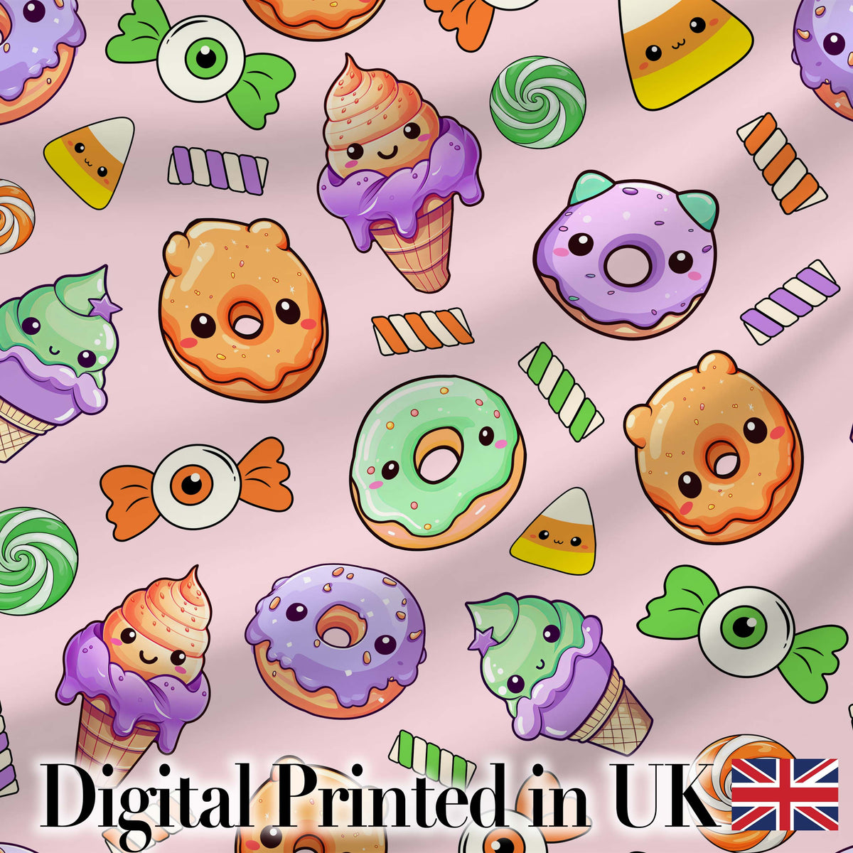 Halloween Donuts Candy Eyeball Ice Cream Seamless Pattern Soft Pink Background Digital Print Fabric by the Metre UK Sewing Quilting Textile