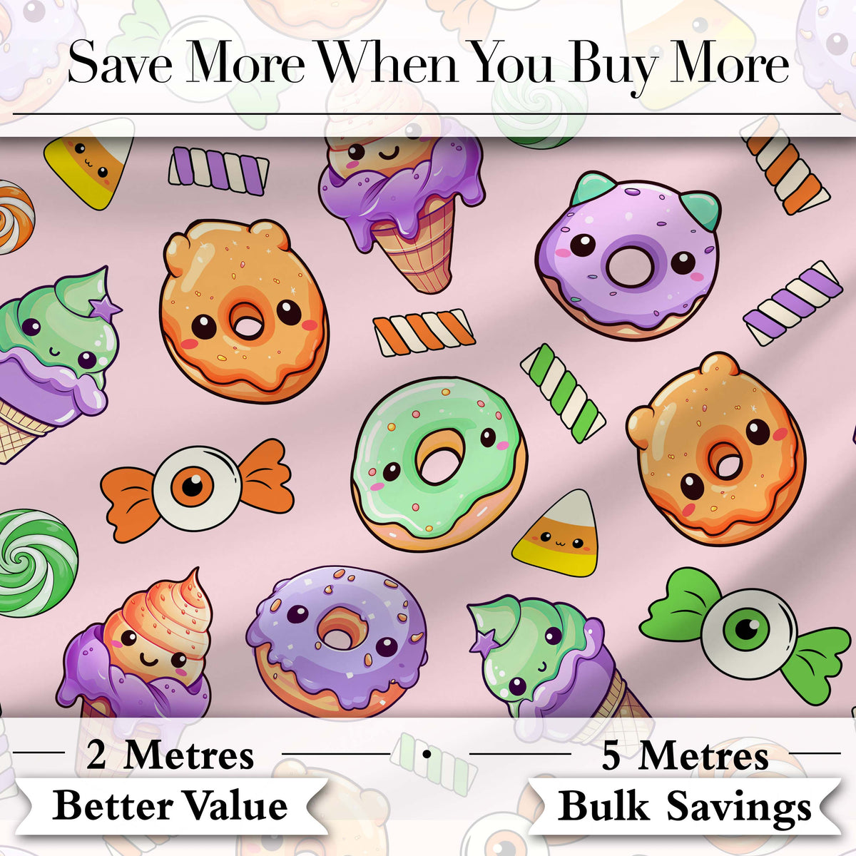 Halloween Donuts Candy Eyeball Ice Cream Seamless Pattern Soft Pink Background Digital Print Fabric by the Metre UK Sewing Quilting Textile