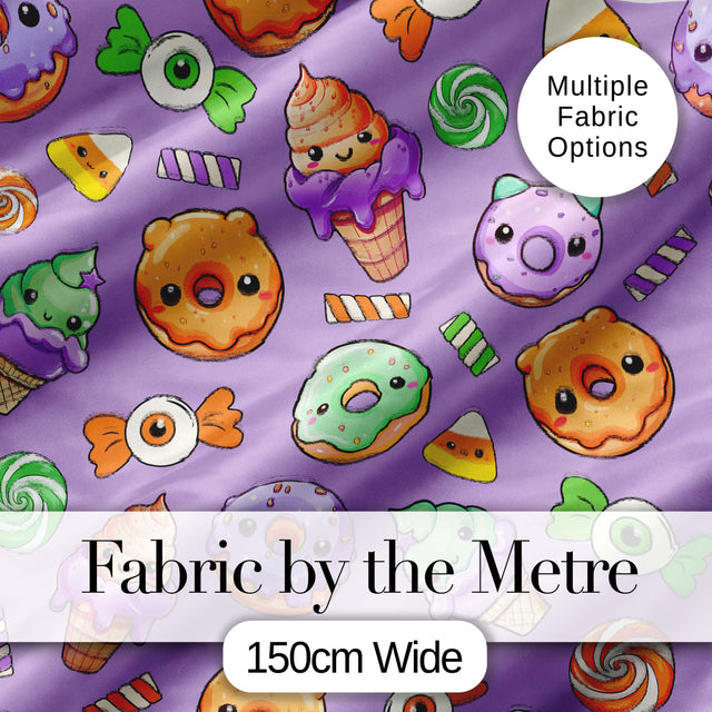 Halloween Donuts Candy Eyeball Ice Cream Seamless Pattern Lavender Background Digital Print Fabric by the Metre UK Sewing Quilting Textile