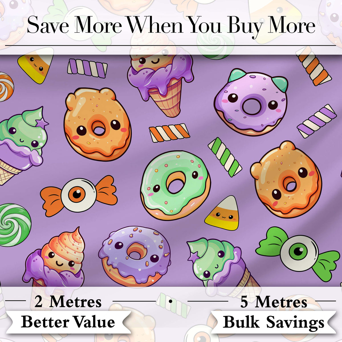 Halloween Donuts Candy Eyeball Ice Cream Seamless Pattern Lavender Background Digital Print Fabric by the Metre UK Sewing Quilting Textile