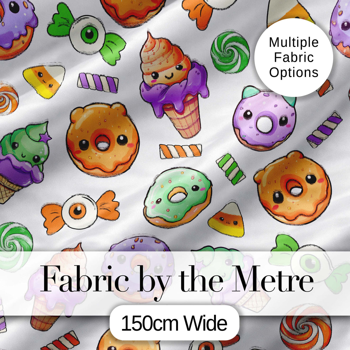Halloween Donut Candy Eyeball Ice Cream Seamless Pattern Light Grey Background Digital Print Fabric by the Metre UK Sewing Quilting Textile