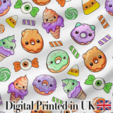 Halloween Donut Candy Eyeball Ice Cream Seamless Pattern Light Grey Background Digital Print Fabric by the Metre UK Sewing Quilting Textile