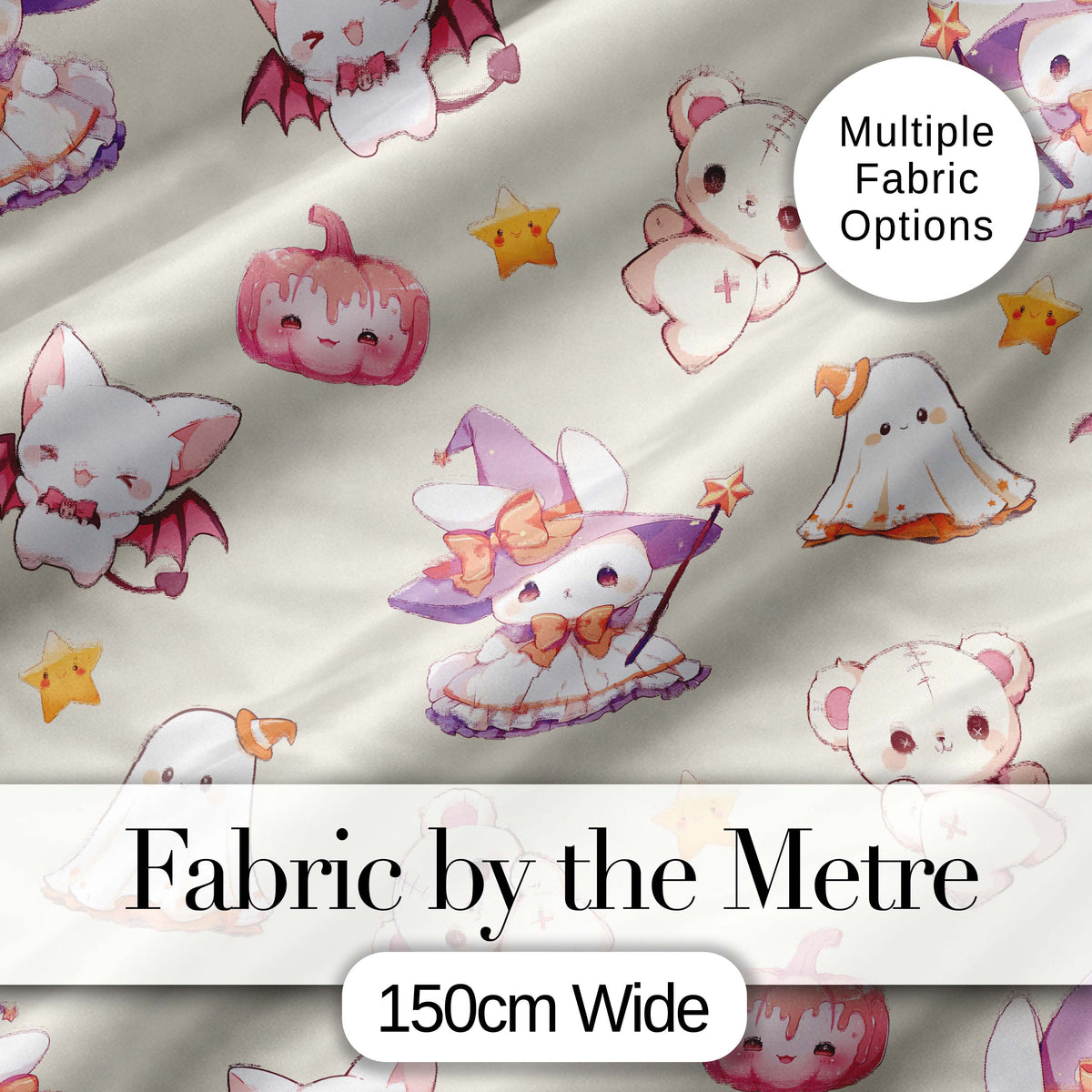 Kawaii Halloween Bunny Witch Ghost Pumpkin Seamless Pattern Cream Background Digital Print Fabric by the Metre UK Sewing Quilting Textile