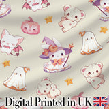 Kawaii Halloween Bunny Witch Ghost Pumpkin Seamless Pattern Cream Background Digital Print Fabric by the Metre UK Sewing Quilting Textile