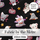 Kawaii Halloween Bunny Witch Ghost Pumpkin Seamless Pattern Black Background Digital Print Fabric by the Metre UK Sewing Quilting Textile