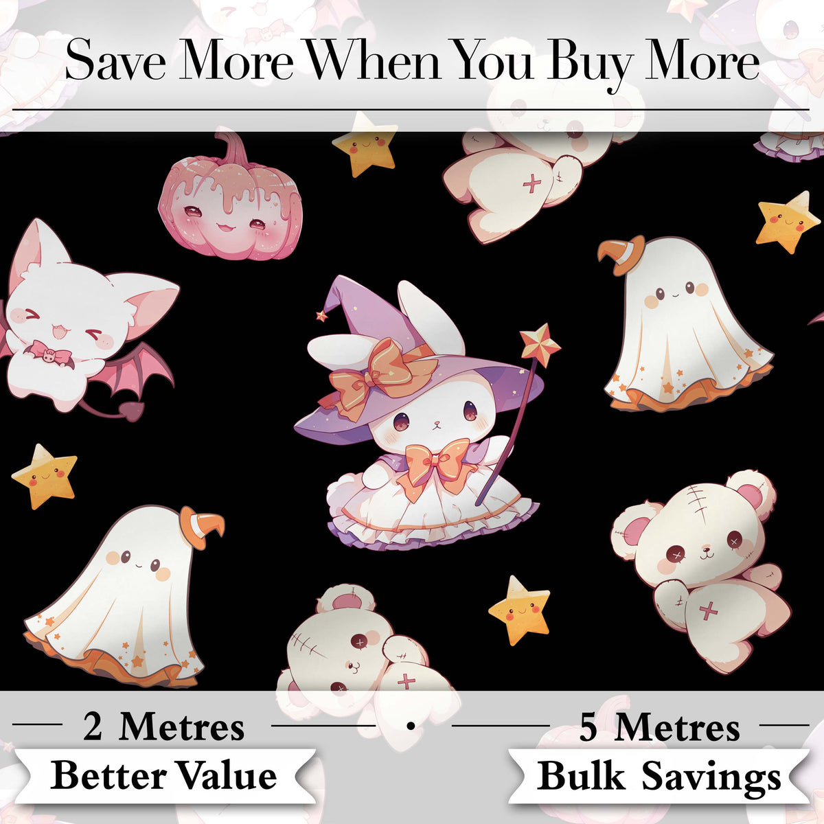 Kawaii Halloween Bunny Witch Ghost Pumpkin Seamless Pattern Black Background Digital Print Fabric by the Metre UK Sewing Quilting Textile