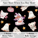 Kawaii Halloween Bunny Witch Ghost Pumpkin Seamless Pattern Black Background Digital Print Fabric by the Metre UK Sewing Quilting Textile